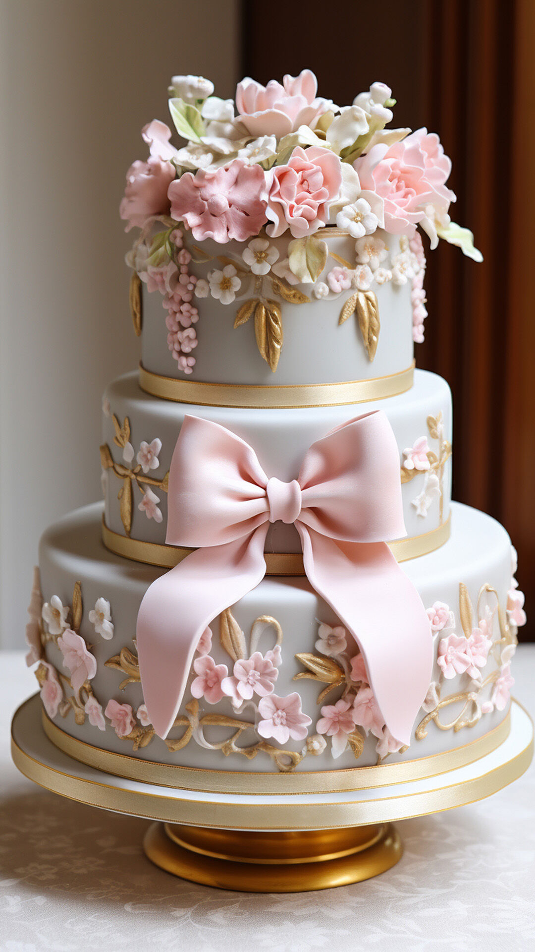 Beautifull pink bridal shower cake with riboon shape cake on it